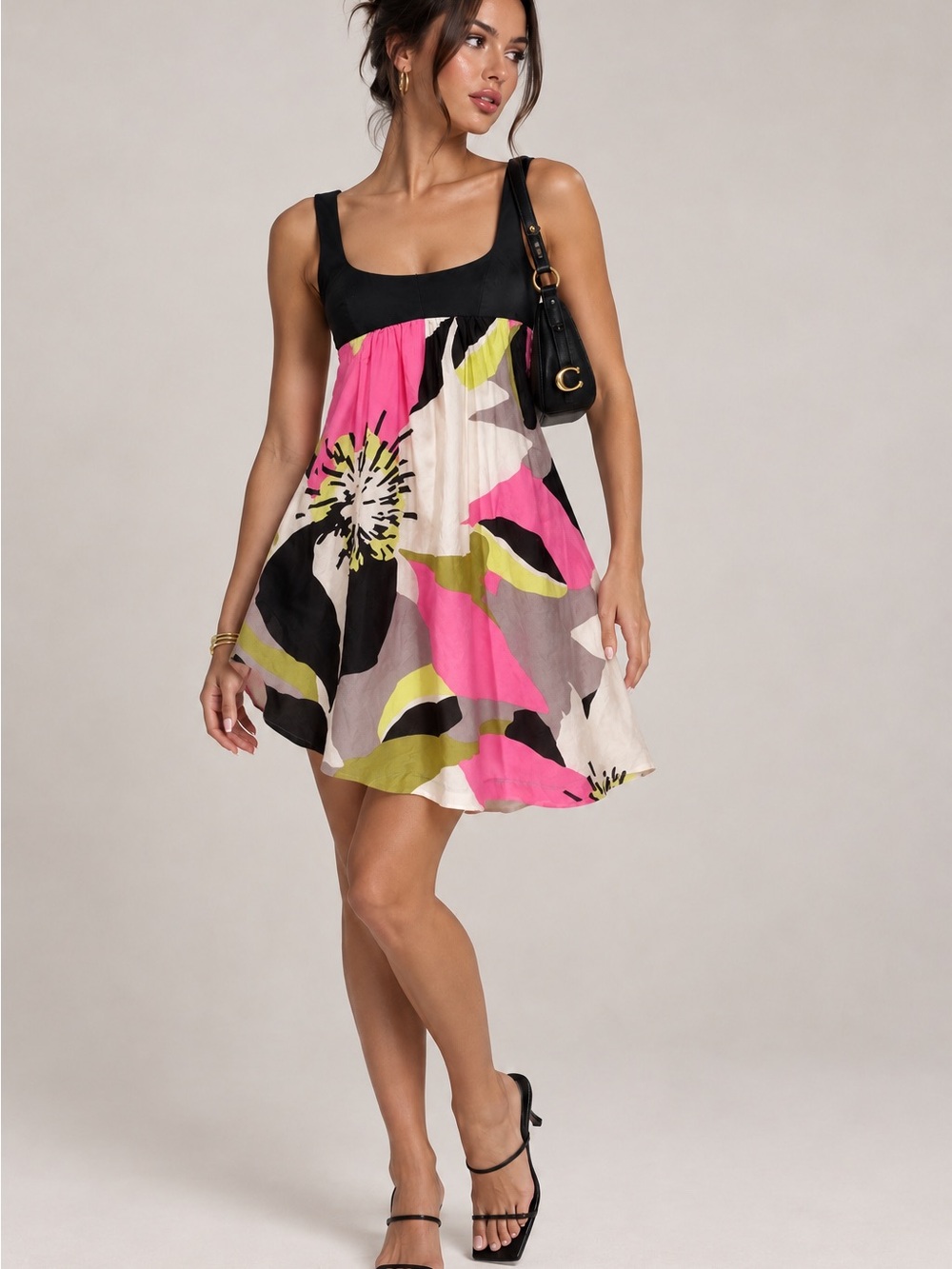 Sleeveless Floral Babydoll Dress with Black Bodice